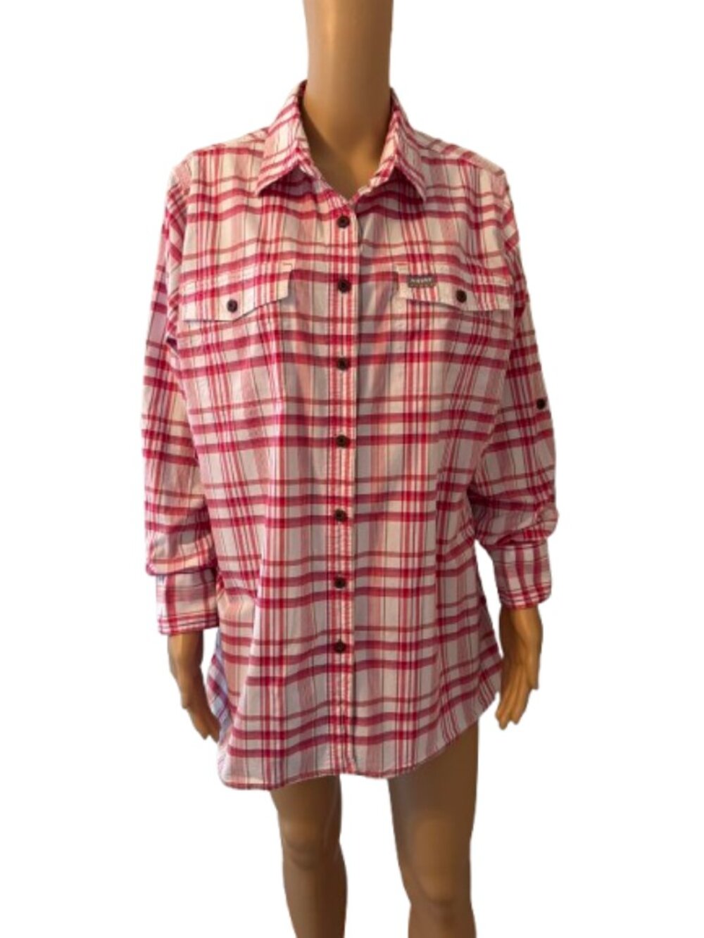 Women's ARIAT REBAR Pink/Red/White Plaid Button-Down Shirt 1X